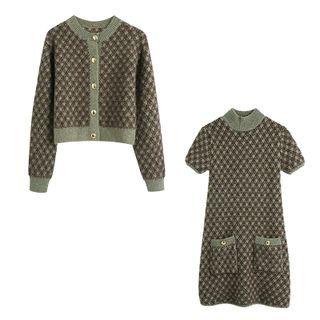 Mock-neck Knit Mini A-line Dress / Cardigan