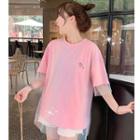 Mesh Overlay Embroidered Short-sleeve T-shirt