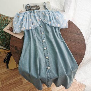 Daisy Print Mesh Denim Dress