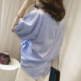 V-neck Elbow Sleeve Pinstriped Shirt