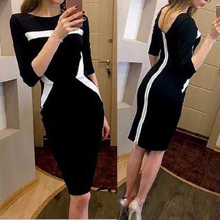 3/4-sleeve Two-tone Sheath Dress