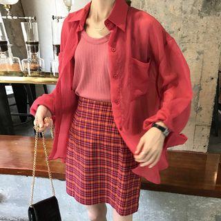 Pocket Detail Shirt / Knitted Tank Top / Plaid A-line Skirt