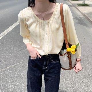 Round-neck Plain Lace Button-up Blouse