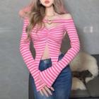 Long-sleeve Off-shoulder Striped Heart Ring Top