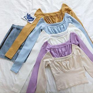 Plain Square-neck Off-shoulder Long-sleeve Knit Top