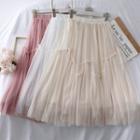 Ruffled-trim Pleated Mesh A-line Skirt