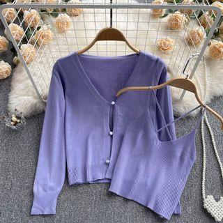 Set Of 2 : Long-sleeve Plain Cardigan + Suspender V-neck Tank Top