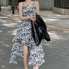 Spaghetti-strap Print Layered A-line Dress Black & White - One Size