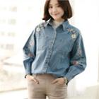 Flower-embroidered Loose-fit Denim Shirt