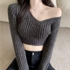 Off-shoulder Cropped Sweater Dark Gray - One Size