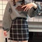 Lantern-sleeve Pullover / Mini A-line Plaid Skirt