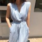 Plain V-neck Sleeveless Dress Blue - One Size