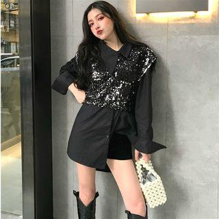 Sequined Vest / Plain Long-sleeve Loose-fit Shirt