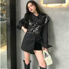 Sequined Vest / Plain Long-sleeve Loose-fit Shirt