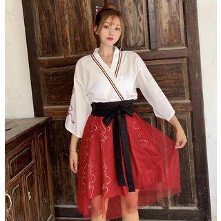 3/4-sleeve Embroidered Wrap Top / Embroidered A-line Mesh Skirt