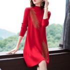 Long-sleeve Mock-neck Rhinestone Mini Shift Dress
