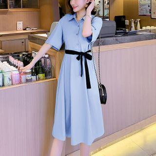 Short-sleeve Tie-waist Midi A-line Shirtdress