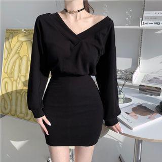 Plain V Neck Long Sleeve Dress