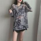 Long Sleeve Round Neck Tie-dye Mesh Top Floral - One Size