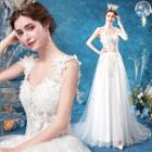 Sleeveless Floral Applique Trained Wedding Gown