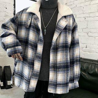 Couple Matching Stand Collar Fleece-lined Plaid Zip Jacket