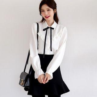 Tie-neck Puff-sleeve Frilled Blouse