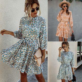 3/4-sleeve Leopard Print Mini A-line Dress