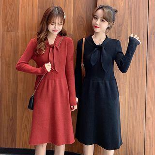 Bow-accent Long-sleeve Knit Dress