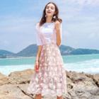 Set: Plain Elbow Sleeve T-shirt + Lace Suspender Skirt