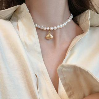 925 Sterling Silver Faux Pearl Fan Choker