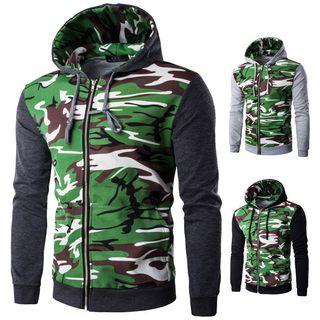 Camouflage Panel Hooded Zip Jacket