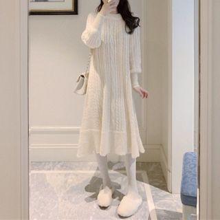 Ruffle Hem Long-sleeve Midi Cable-knit Dress