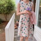 Sleeveless Floral Print Linen Blend Dress
