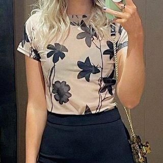 Short-sleeve Flower Print See-through Top