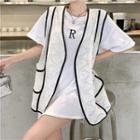 Contrast Trim Open Front Lace Vest / Short-sleeve Letter Embroidered T-shirt