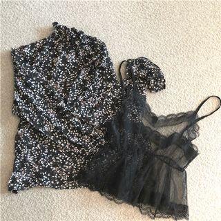 Set: Floral Long-sleeve Blouse + Lace Camisole Top As Figure - One Size