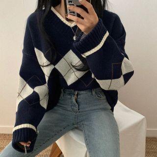 Oversized V-neck Argyle Sweater