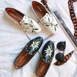 Floral Embroidered Studded Loafers