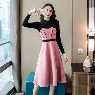 Set: Mock Turtleneck Knit Top + Spaghetti Strap Midi A-line Dress