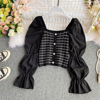 Square-neck Knit Panel Bell-sleeve Blouse