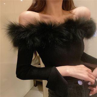 Off-shoulder Faux-fur Long-sleeve Knit Top