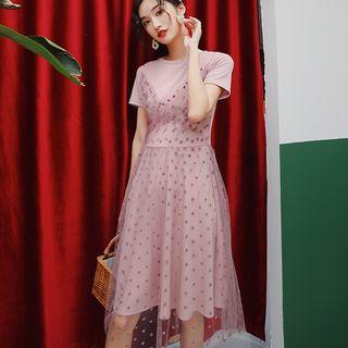 Mock Two-piece Dotted Short-sleeve Midi A-line Dress