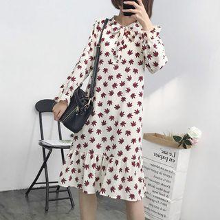 Maple Print Tie-neck Chiffon Dress