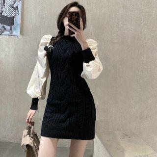 Patchwork Bubble-sleeve Knit Mini Dress Black - One Size