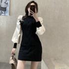 Patchwork Bubble-sleeve Knit Mini Dress Black - One Size