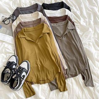 Long-sleeve V-neck Plain Polo Collar Top