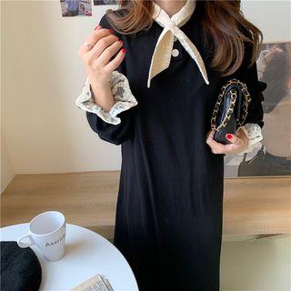 Tie-neck Midi A-line Sweater Dress Black - One Size