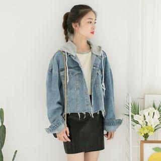 Contrast Hooded Cropped Denim Jacket Blue - One Size