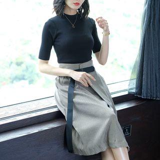 Set: Short-sleeve Knit Top + Asymmetrical Wrap Skirt