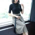 Set: Short-sleeve Knit Top + Asymmetrical Wrap Skirt